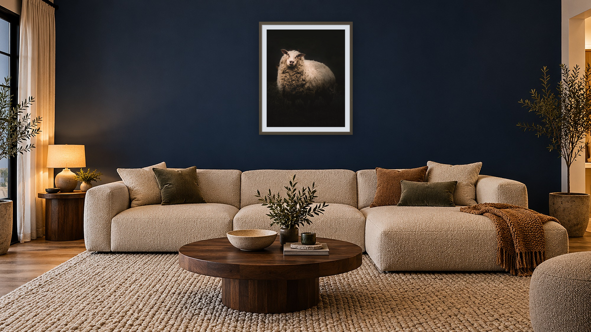 NRBB sheep by Brandon Luther, shown at 32 × 40 in (81.3 × 101.6 cm) in Ramino Satin Black, media room