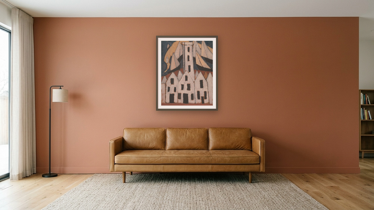 Movement No. 5, Provincetown Houses by Marsden Hartley, shown at 32 × 40 in (81.3 × 101.6 cm) in Ramino Satin Black, media room
