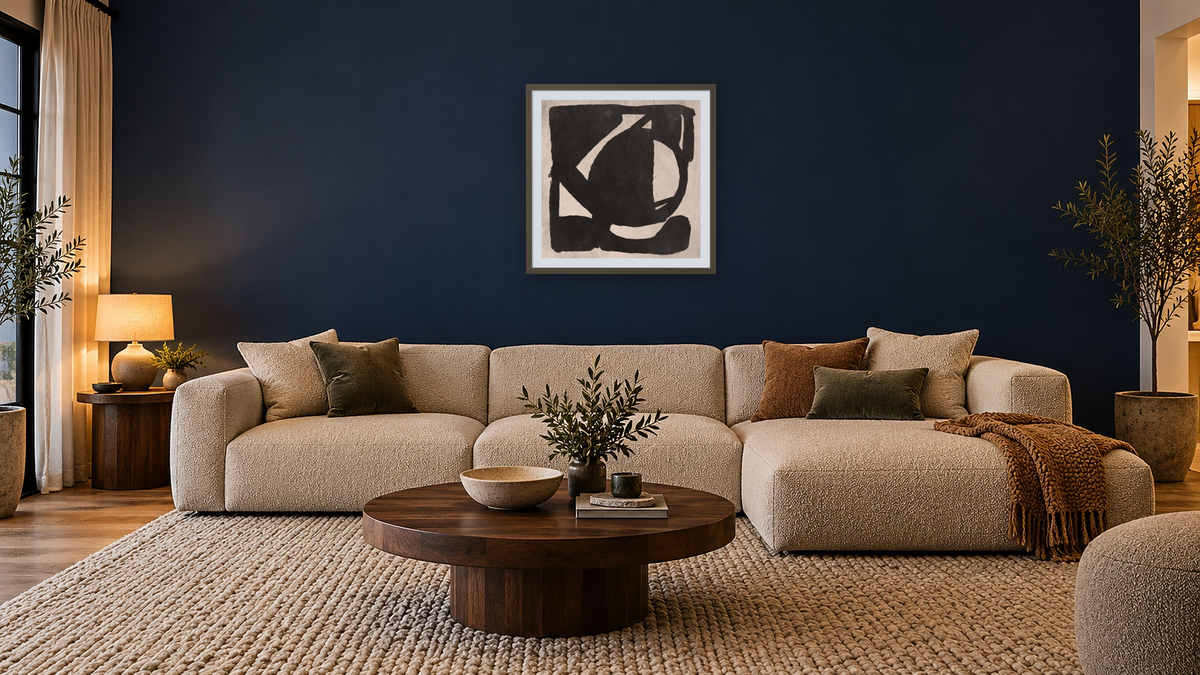 Mono Set by Dan Hobday, shown at 32 × 32 in (81.3 × 81.3 cm) in Ramino Satin Black, media room