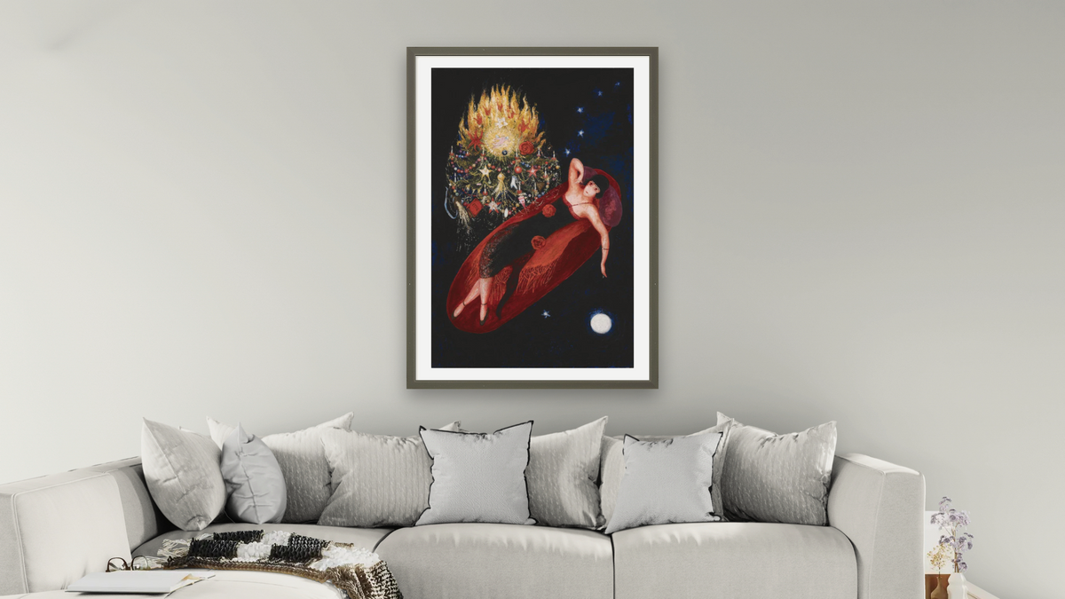 Portrait of My Sister, Ettie Stettheimer by Florine Stettheimer, shown at 28 × 42 in (71.1 × 106.7 cm) in Ramino Satin Black, living
