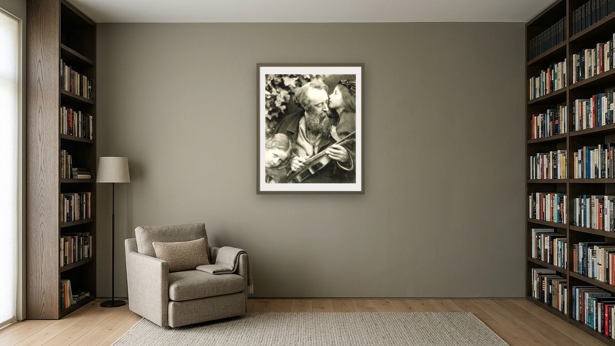 The Whisper of the Muse, a portrait of George Frederick Watts (1817-1904) by Julia Margaret Cameron, shown at 32 × 40 in (81.3 × 101.6 cm) in Ramino Satin Black, library