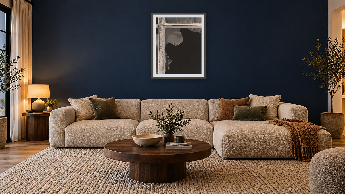 Broken Window Study #1 by Gordon Osmundson, shown at 32 × 40 in (81.3 × 101.6 cm) in Ramino Satin Black, media room