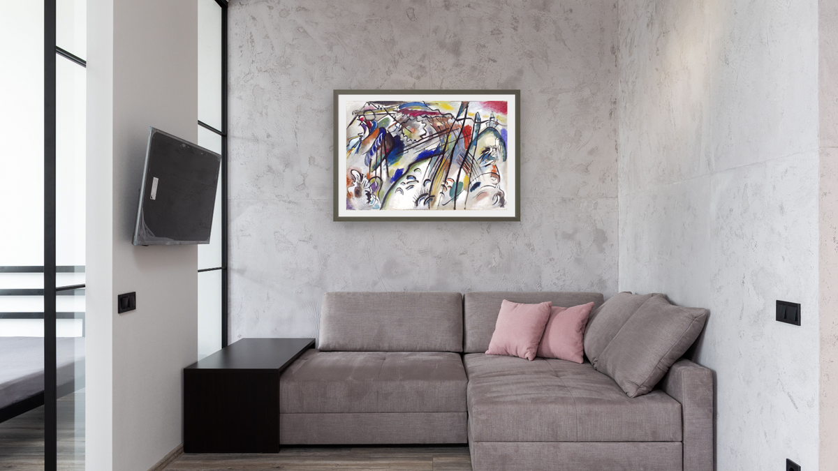 Improvisation 28 (second version), 1912, shown at 28 × 42 in (71.1 × 106.7 cm) in Ramino Satin Black, media room