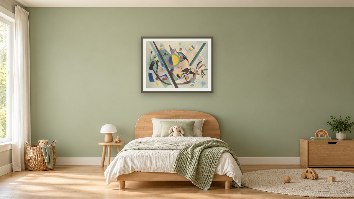 Multicolored Circle by Wassily Kandinsky, shown at 30 × 40 in (76.2 × 101.6 cm) in Ramino Satin Black, kids' room