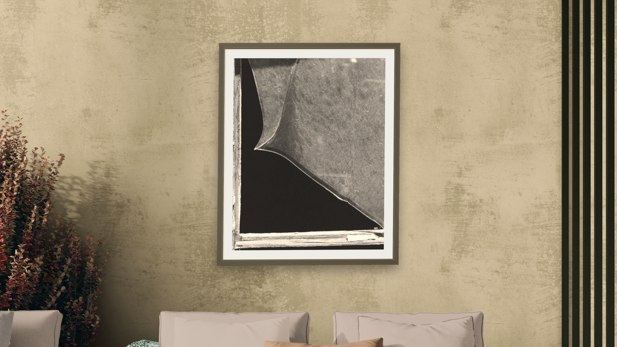 Broken Window Study #4 by Gordon Osmundson, shown at 32 × 40 in (81.3 × 101.6 cm) in Ramino Satin Black, living