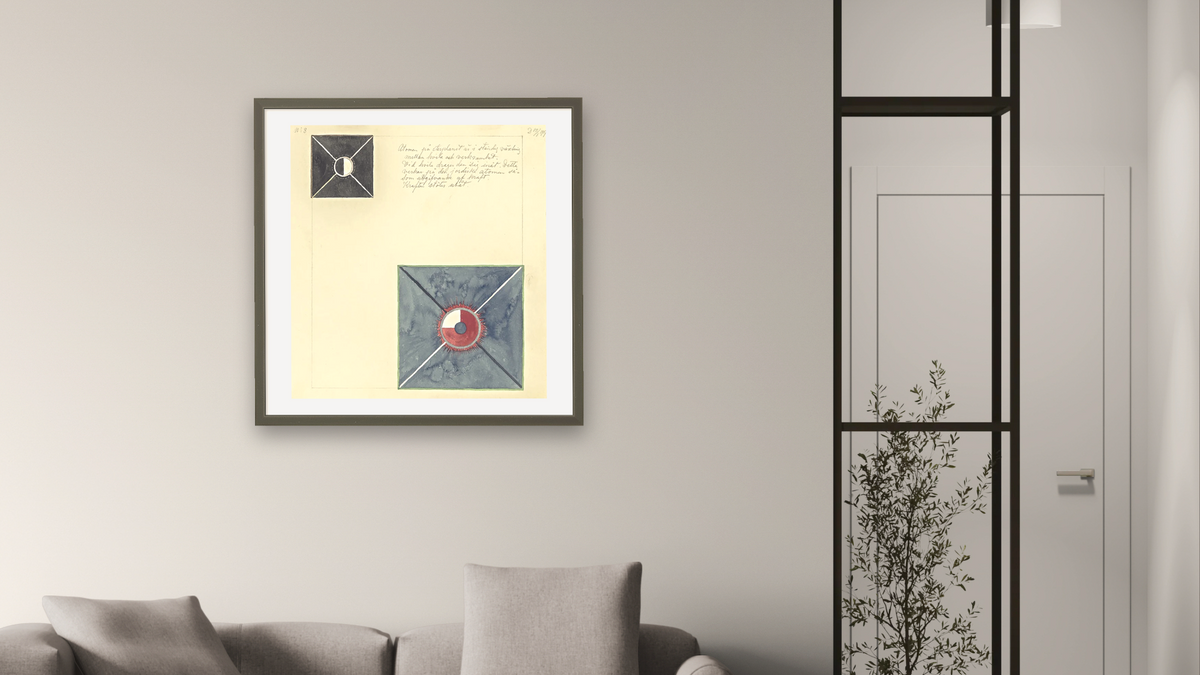 No. 8 from The Atom Series by Hilma af Klint, shown at 32 × 32 in (81.3 × 81.3 cm) in Ramino Satin Black, living