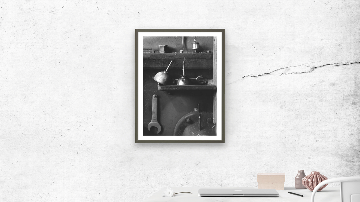 Wrenches and Oil Cans by Gordon Osmundson, shown at 30 × 40 in (76.2 × 101.6 cm) in Ramino Satin Black, office