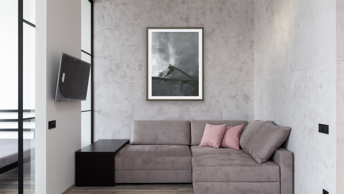 No. 370 by Michelle Oppenheimer, shown at 30 × 40 in (76.2 × 101.6 cm) in Ramino Satin Black, media room