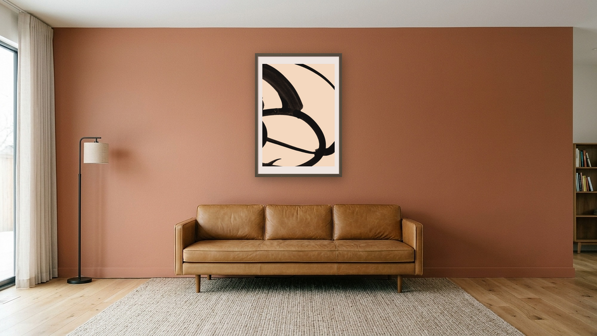 Mono Brush 1 by Dan Hobday, shown at 28 × 42 in (71.1 × 106.7 cm) in Ramino Satin Black, media room