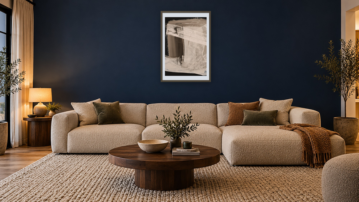 After1 by Dan Hobday, shown at 28 × 42 in (71.1 × 106.7 cm) in Ramino Satin Black, media room