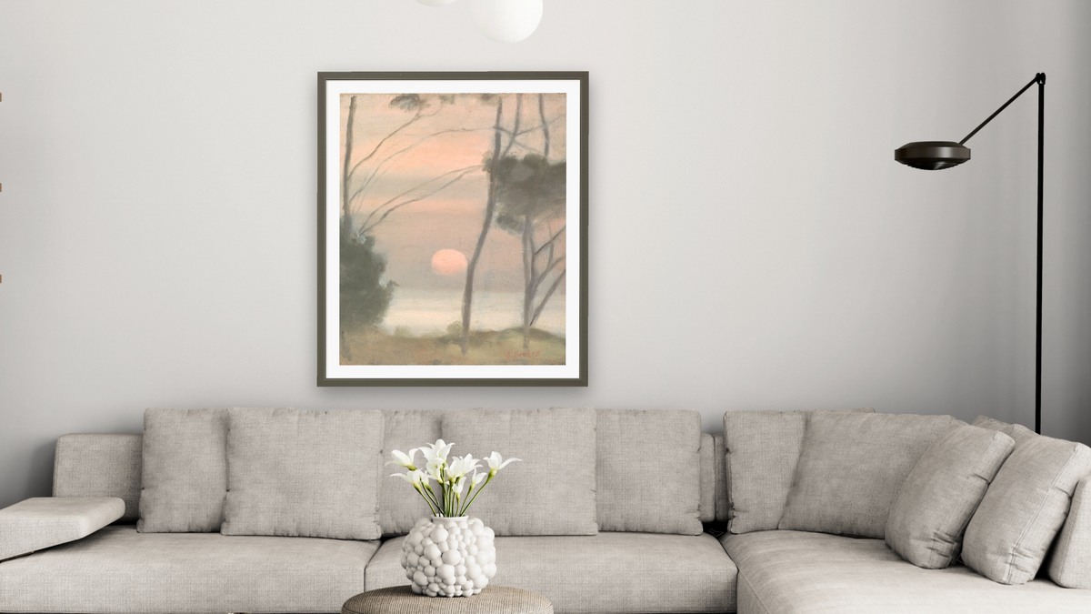 Moonrise, Mentone by Clarice Beckett, shown at 32 × 40 in (81.3 × 101.6 cm) in Ramino Satin Black, living