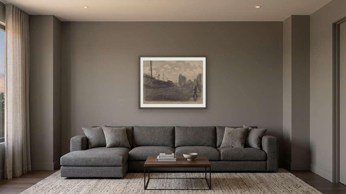 Rue Vercingetorix by Paul Signac, shown at 30 × 40 in (76.2 × 101.6 cm) in Ramino Satin Black, media room