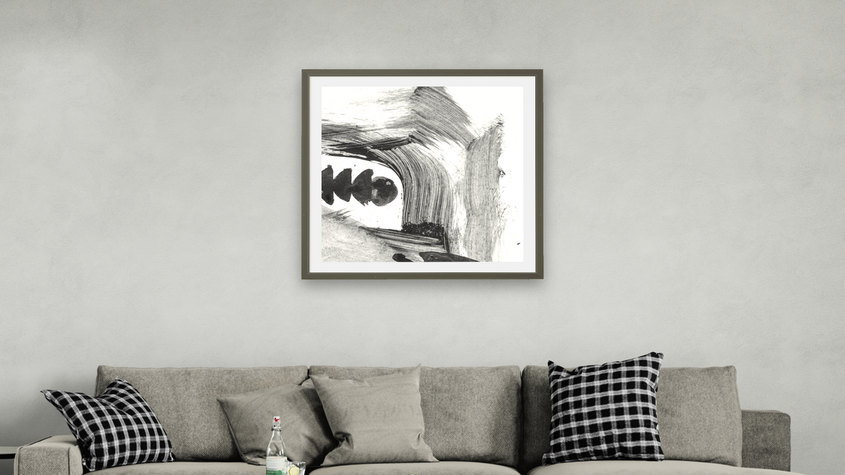 Black White Set 3 by Dan Hobday, shown at 32 × 32 in (81.3 × 81.3 cm) in Ramino Satin Black, living