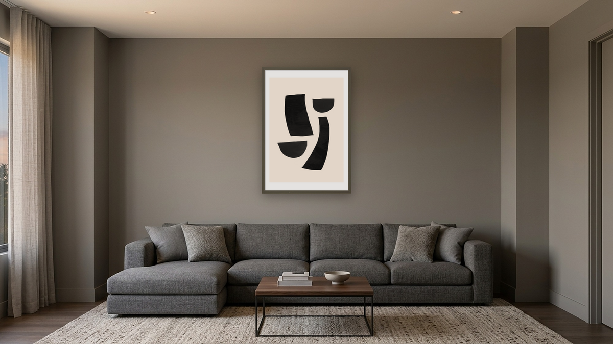 Minimal Pieces 2 by Dan Hobday, shown at 28 × 42 in (71.1 × 106.7 cm) in Ramino Satin Black, media room