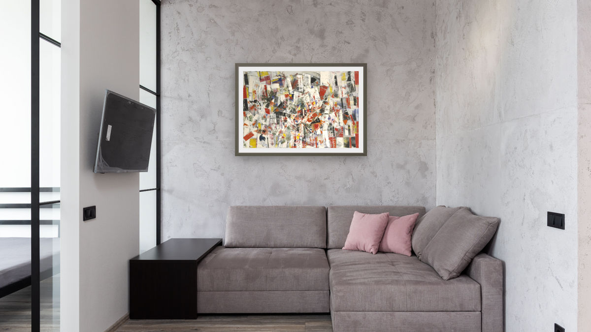 Composition (Composizione), shown at 28 × 42 in (71.1 × 106.7 cm) in Ramino Satin Black, media room