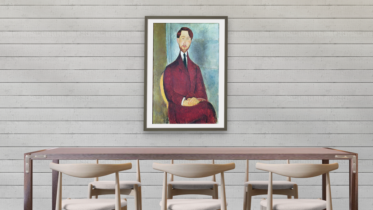Léopold Zborowski by Amedeo Modigliani, shown at 28 × 42 in (71.1 × 106.7 cm) in Ramino Satin Black, dining