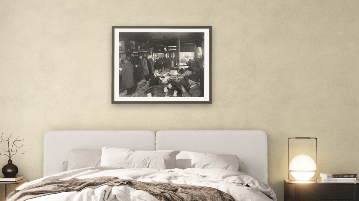 McSorley's Ale House, 15 East 7th Street, Manhattan by Berenice Abbott, shown at 32 × 40 in (81.3 × 101.6 cm) in Ramino Satin Black, bedroom