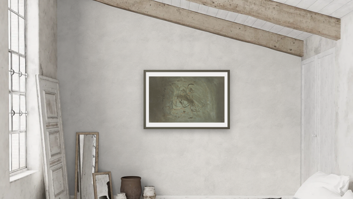 Das Paar in der Daemmerung (The Couple in the Twilight) by Paul Klee, shown at 28 × 42 in (71.1 × 106.7 cm) in Ramino Satin Black, bedroom