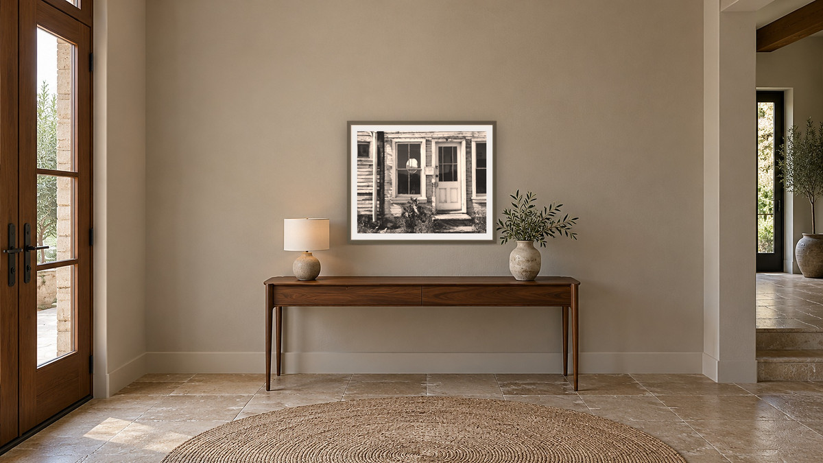 Door and Window by Gordon Osmundson, shown at 32 × 40 in (81.3 × 101.6 cm) in Ramino Satin Black, hallway