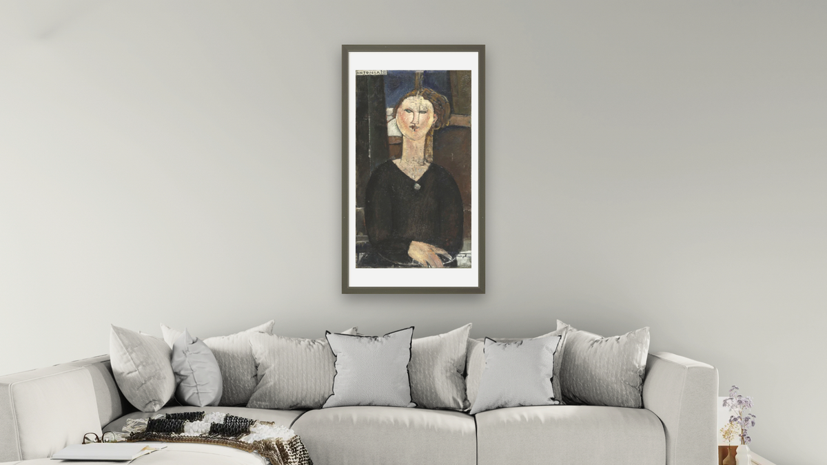 Antonia by Amedeo Modigliani, shown at 20 × 40 in (50.8 × 101.6 cm) in Ramino Satin Black, living