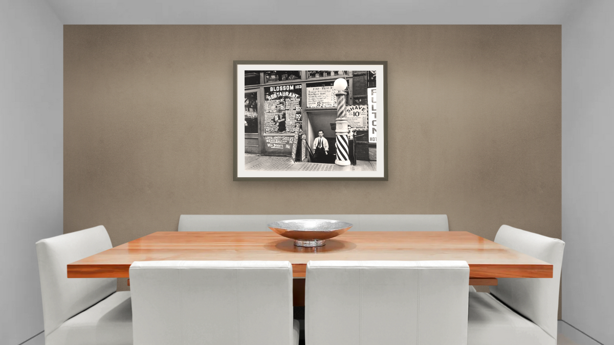 Blossom Restaurant, 103 Bowery, Manhattan by Berenice Abbott, shown at 32 × 40 in (81.3 × 101.6 cm) in Ramino Satin Black, dining