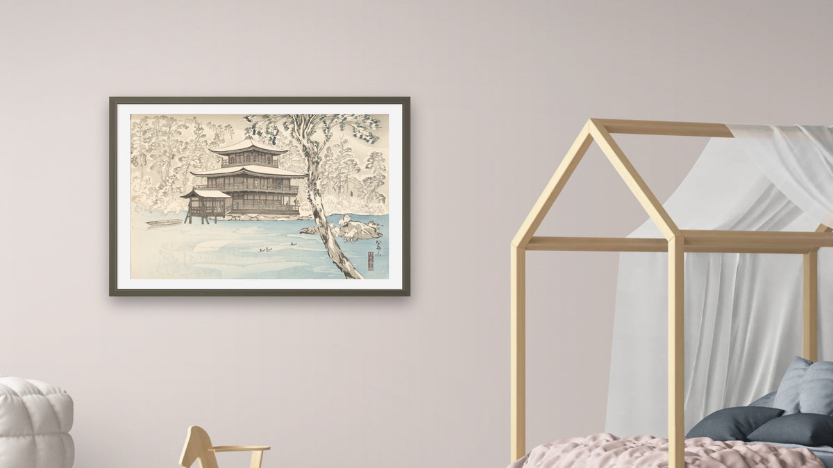 Snow at Kinkakuji (Kinkakuji no Yuki) Temple by Miki Suizan, shown at 28 × 42 in (71.1 × 106.7 cm) in Ramino Satin Black, bedroom