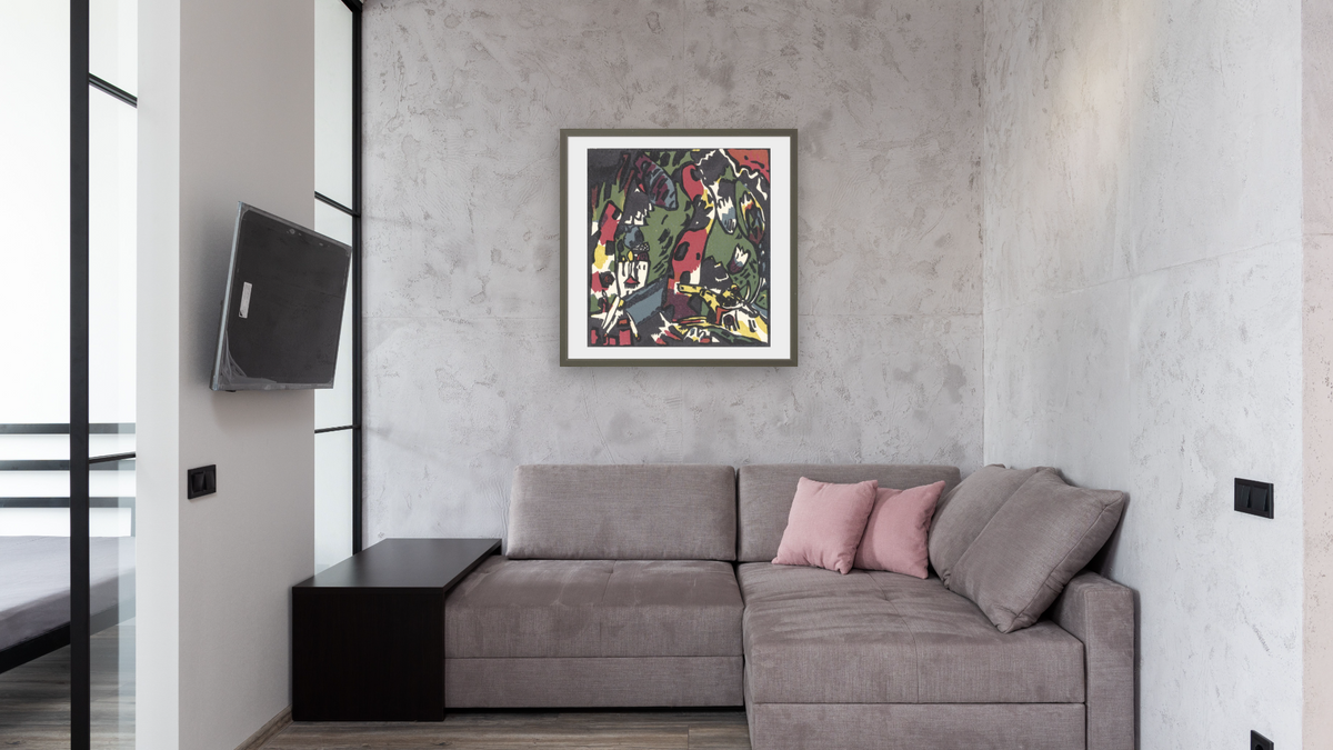 The Archer, shown at 32 × 32 in (81.3 × 81.3 cm) in Ramino Satin Black, media room