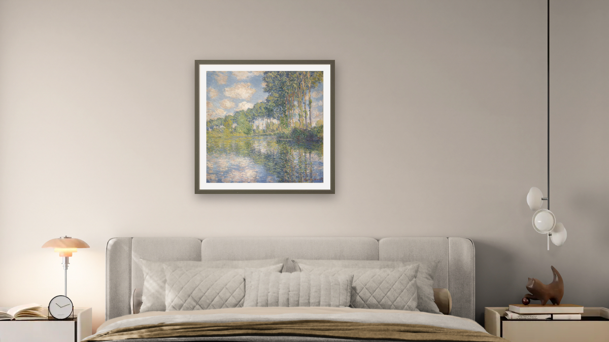 Poplars on the Epte by Claude Monet, shown at 32 × 32 in (81.3 × 81.3 cm) in Ramino Satin Black, bedroom