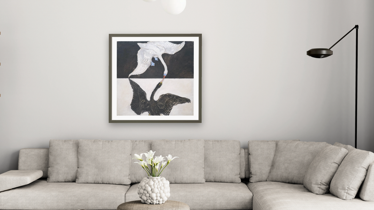 Group IX/SUW, No. 1, The Swan by Hilma af Klint, shown at 32 × 32 in (81.3 × 81.3 cm) in Ramino Satin Black, living