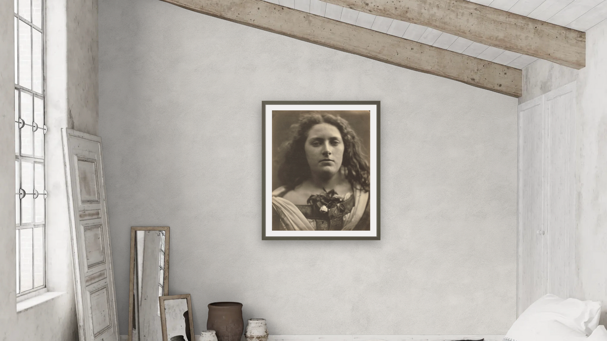 Rosalba (Cyllene Wilson) by Julia Margaret Cameron, shown at 32 × 40 in (81.3 × 101.6 cm) in Ramino Satin Black, bedroom