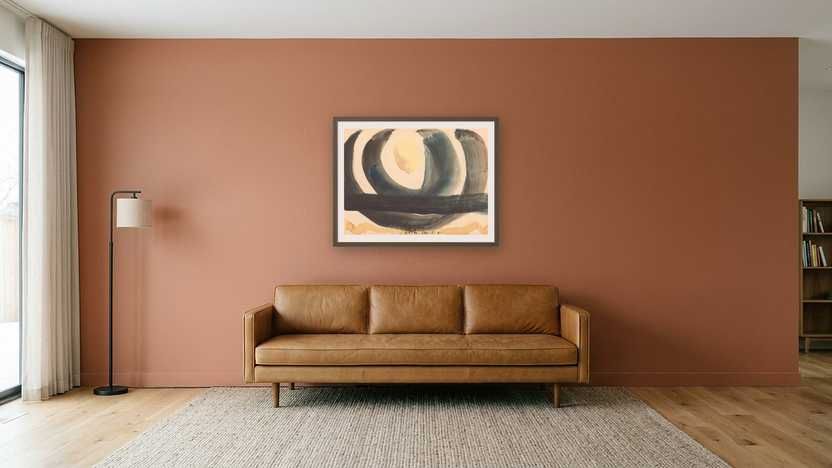 Sunrise III (Set of Three) by Arthur Garfield Dove, shown at 30 × 40 in (76.2 × 101.6 cm) in Ramino Satin Black, media room