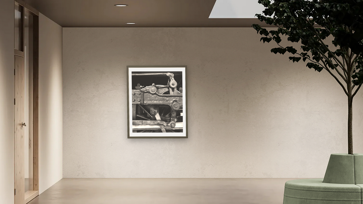 Baker Valve Gear, NN #40 from the Nevada Northern Series by Gordon Osmundson, shown at 32 × 40 in (81.3 × 101.6 cm) in Ramino Satin Black, office