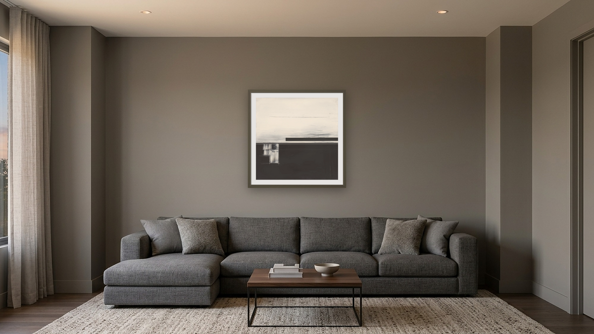 LS No. 236 by Brandon McKenzie, shown at 32 × 32 in (81.3 × 81.3 cm) in Ramino Satin Black, media room