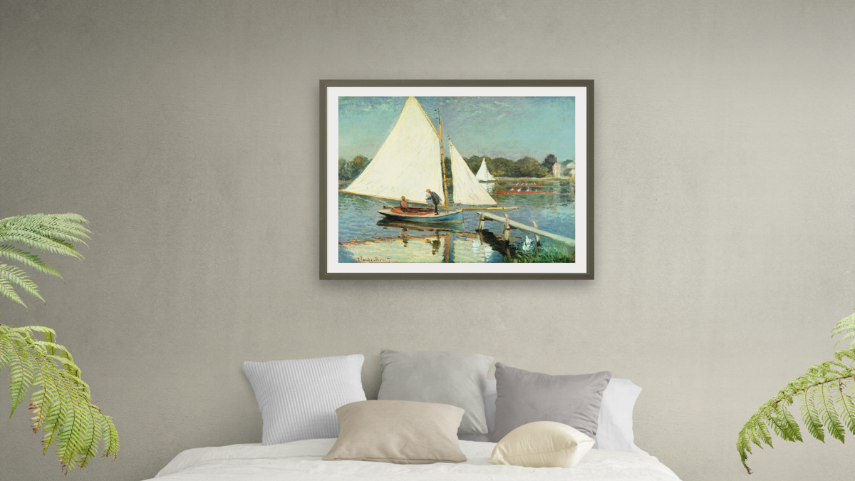 Sailing at Argenteuil by Claude Monet, shown at 30 × 40 in (76.2 × 101.6 cm) in Ramino Satin Black, bedroom