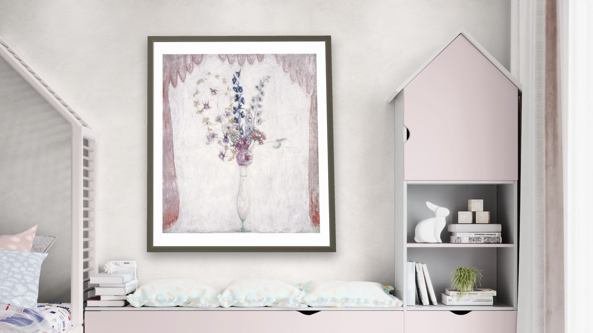 Delphinums and Columbine by Florine Stettheimer, shown at 32 × 40 in (81.3 × 101.6 cm) in Ramino Satin Black, bedroom