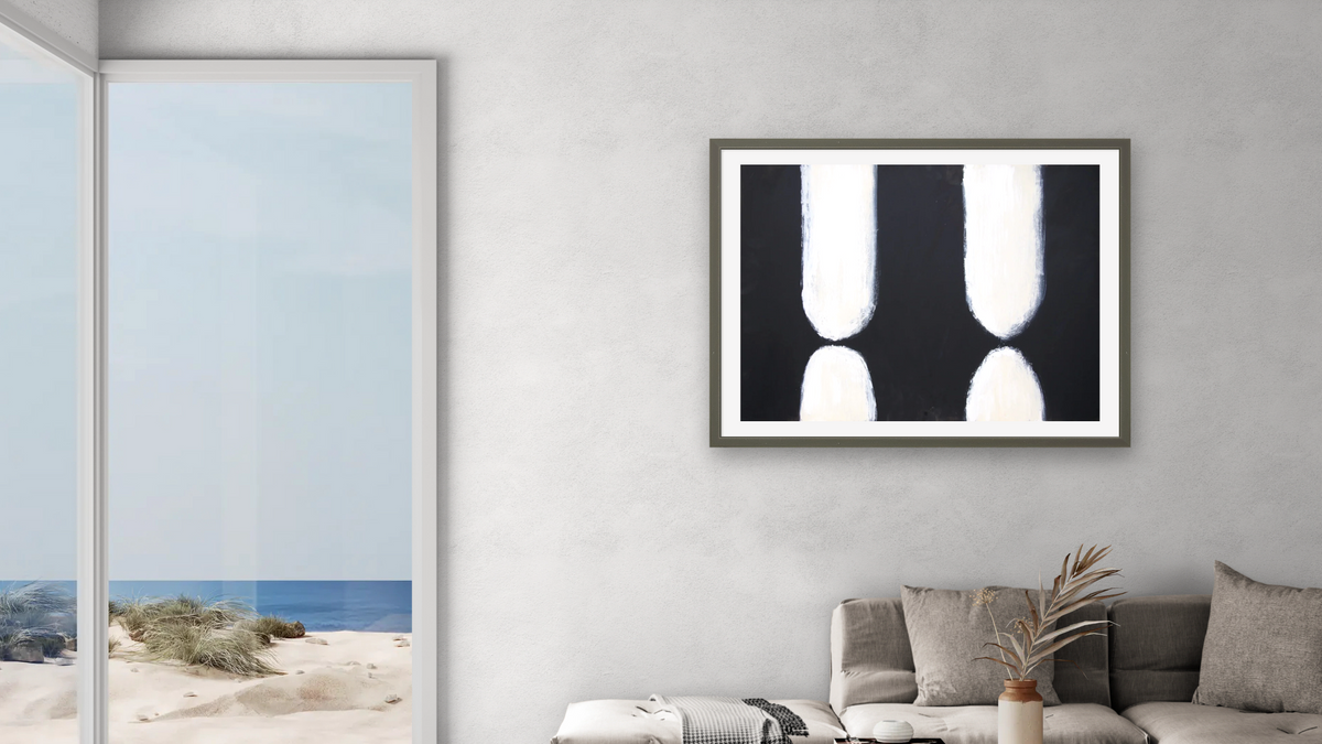 Black and White 3 by Tayt Modern, shown at 30 × 40 in (76.2 × 101.6 cm) in Ramino Satin Black, living