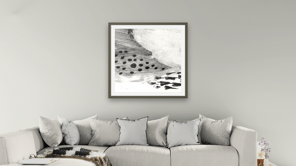 Black White Set 5 by Dan Hobday, shown at 32 × 32 in (81.3 × 81.3 cm) in Ramino Satin Black, living