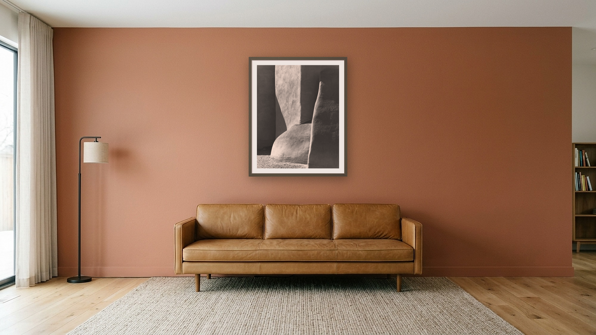 Sun, Shadow, and Adobe #2 by Gordon Osmundson, shown at 32 × 40 in (81.3 × 101.6 cm) in Ramino Satin Black, media room