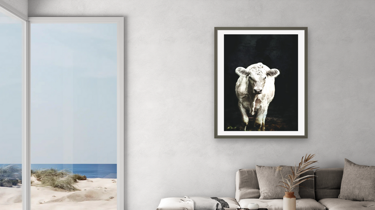 Belle by Brandon Luther, shown at 30 × 40 in (76.2 × 101.6 cm) in Ramino Satin Black, living