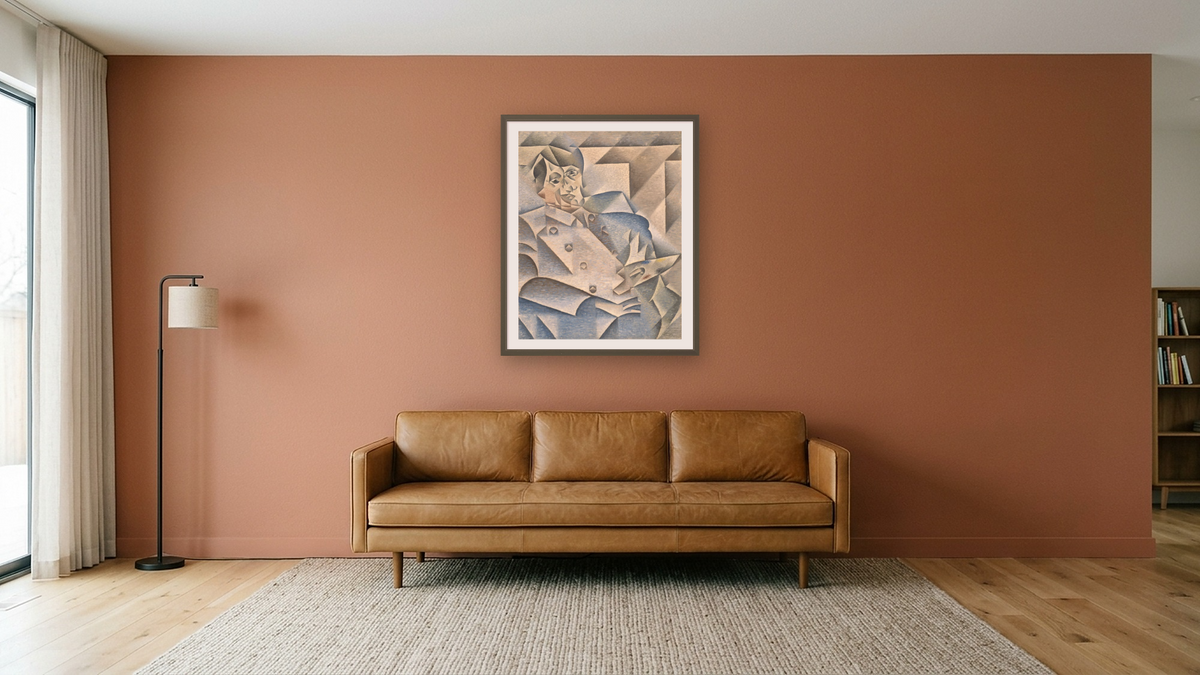 Portrait of Pablo Picasso by Juan Gris, shown at 32 × 40 in (81.3 × 101.6 cm) in Ramino Satin Black, media room