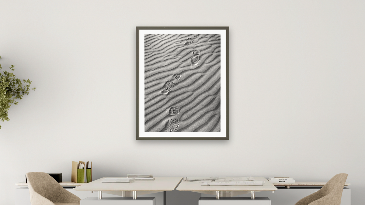 Boot Prints by Gordon Osmundson, shown at 32 × 40 in (81.3 × 101.6 cm) in Ramino Satin Black, office