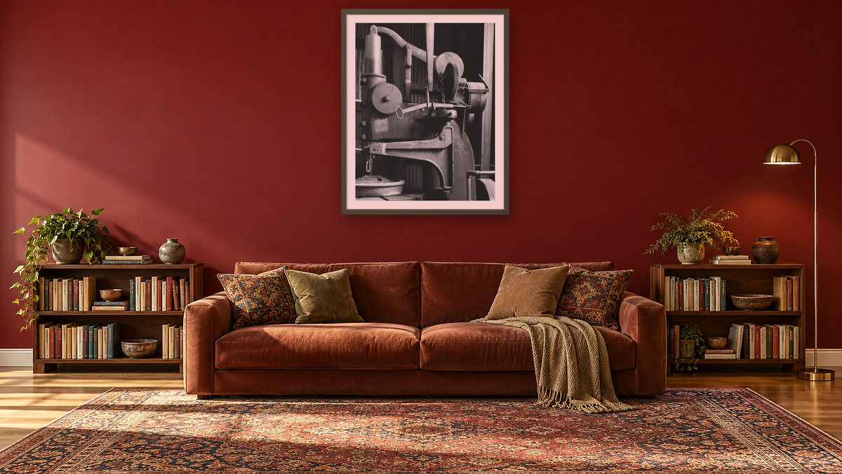 Wheel Boring Machine #5 by Gordon Osmundson, shown at 32 × 40 in (81.3 × 101.6 cm) in Ramino Satin Black, library