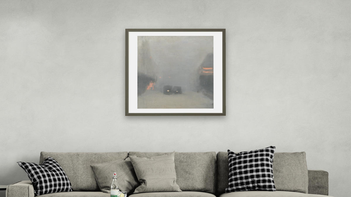 Passing Trams by Clarice Beckett, shown at 32 × 32 in (81.3 × 81.3 cm) in Ramino Satin Black, living
