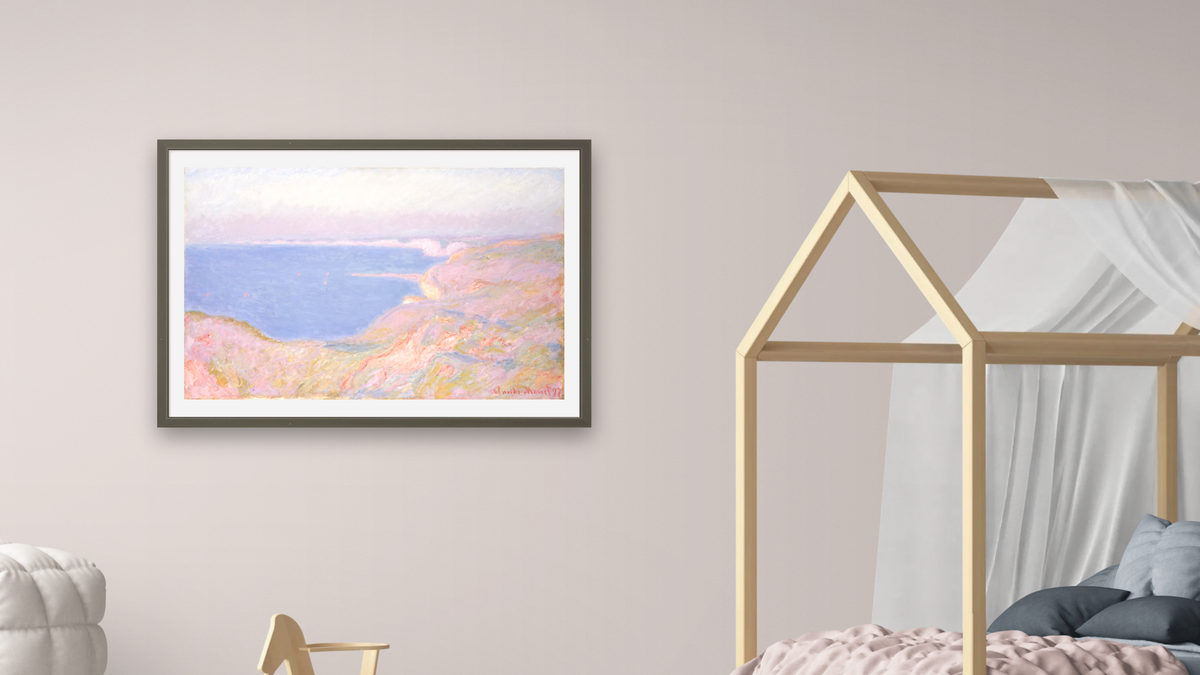 On the Cliffs Near Dieppe, Sunset by Claude Monet, shown at 28 × 42 in (71.1 × 106.7 cm) in Ramino Satin Black, bedroom