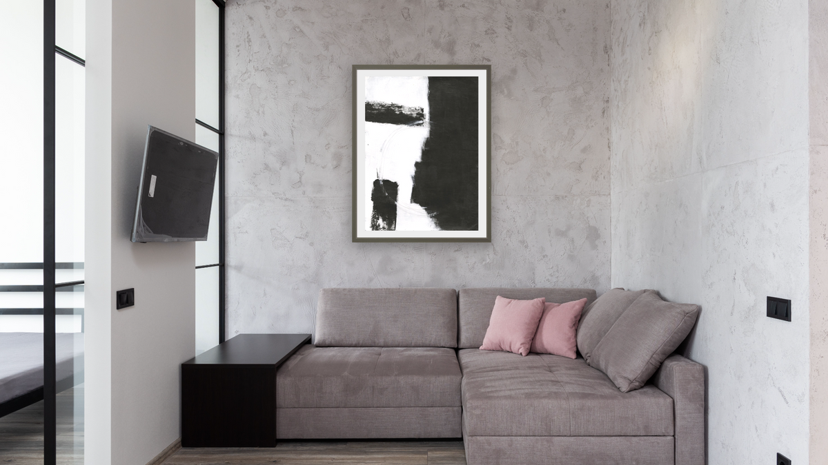 No. 366 by Michelle Oppenheimer, shown at 30 × 40 in (76.2 × 101.6 cm) in Ramino Satin Black, media room