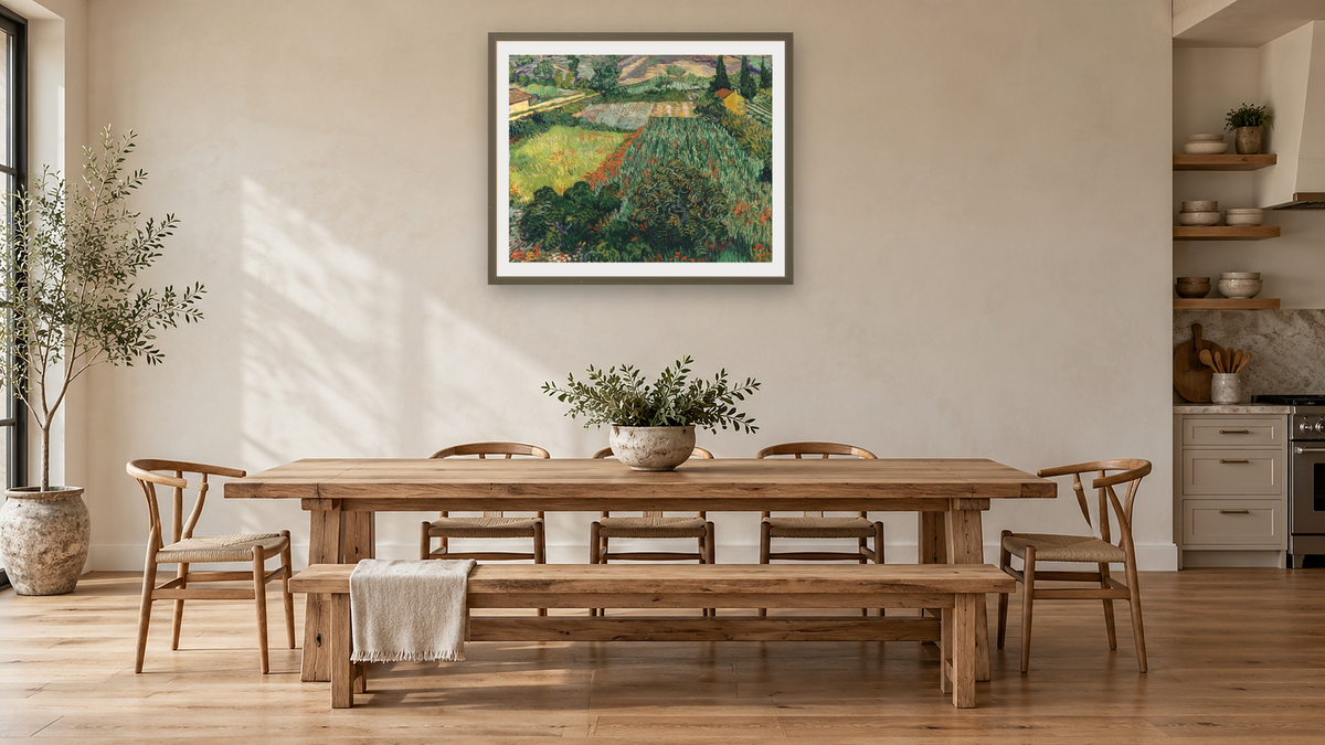 Field with Poppies by Vincent van Gogh, shown at 32 × 40 in (81.3 × 101.6 cm) in Ramino Satin Black, kitchen