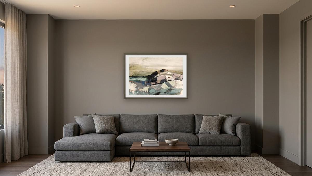 Haytor by Dan Hobday, shown at 28 × 42 in (71.1 × 106.7 cm) in Ramino Satin Black, media room