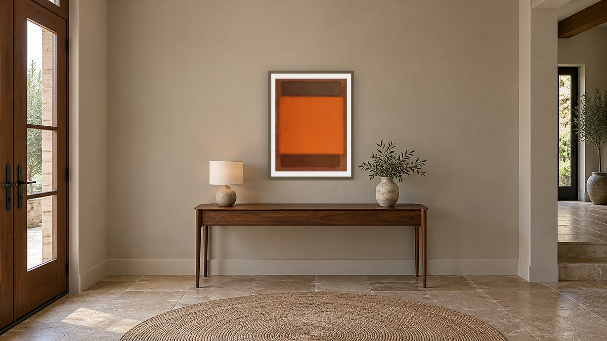 Orange, Brown by Mark Rothko, shown at 30 × 40 in (76.2 × 101.6 cm) in Ramino Satin Black, hallway