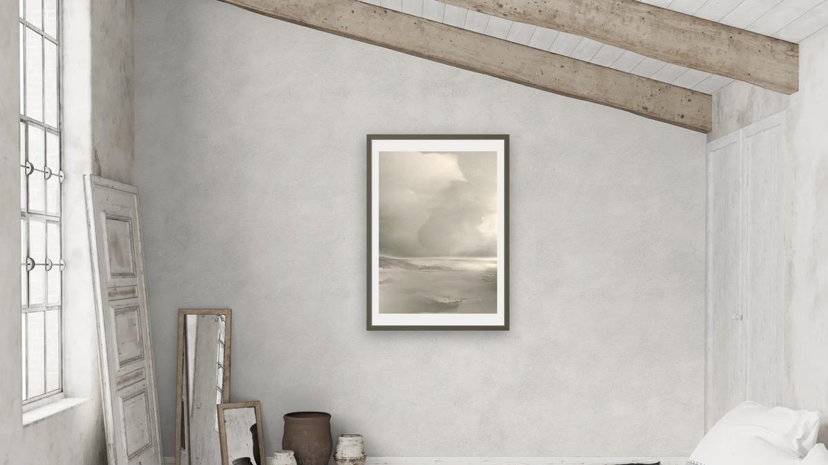 After The Storm 1 by Dan Hobday, shown at 28 × 42 in (71.1 × 106.7 cm) in Ramino Satin Black, bedroom