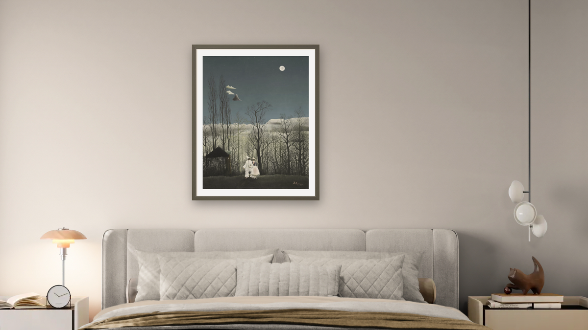 A Carnival Evening by Henri Rousseau, shown at 30 × 40 in (76.2 × 101.6 cm) in Ramino Satin Black, bedroom